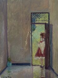  1girl bow commentary_request dated_commentary detached_sleeves doorway faceless frilled_bow frilled_hair_tubes frills full_body gohei hair_bow hair_tubes hakurei_reimu highres holding holding_gohei impressionism long_hair oil_painting_(medium) open_door painterly painting_(medium) qiongyoo red_bow red_skirt ribbon-trimmed_sleeves ribbon_trim scenery signature skirt skirt_set socks solo standing touhou traditional_media 