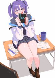  1girl black_skirt blue_archive blue_eyes blue_necktie blush book boots brown_boots commentary covering_own_mouth cup desk full_body hair_between_eyes hair_ornament hands_up highres holding holding_book jacket legs_together long_hair long_sleeves looking_at_viewer millennium_science_school_logo miniskirt mug necktie on_desk open_clothes open_jacket paper pleated_skirt puffy_long_sleeves puffy_sleeves purple_hair rjsxj15 school_uniform shirt sidelocks simple_background sitting skirt solo thighs triangle_hair_ornament two_side_up upturned_eyes v-shaped_eyebrows white_background white_jacket white_shirt yuuka_(blue_archive) 