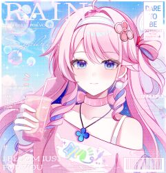  1girl bare_shoulders blue_eyes blue_hair blue_sky bubble character_request check_character check_copyright choker closed_mouth collarbone colored_inner_hair copyright_request denia_(wuthering_waves) drink earrings food hair_between_eyes hair_intakes hair_ornament hair_rings hand_up headband highres holding holding_drink jewelry light_blush long_hair looking_at_viewer multicolored_hair necklace notice_lines off_shoulder pasta pink_choker pink_hair pink_shirt ribbon_choker shirt short_sleeves single_hair_ring sky smile solo spaghetti su_jiujiu swept_bangs too_many_watermarks upper_body watermark white_headband wuthering_waves 