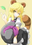  animal_ears bakedanuki_(touhou) blonde_hair face_tattoo facial_tattoo fang grin hat hat_removed headwear_removed hecchi_(blanch) kemonomimi_mode kirisame_marisa leaf raccoon_tail short_hair smile solo tail tattoo touhou wink witch witch_hat yellow_eyes 