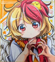  1girl absurdres animal_on_head baby_animal bird blonde_hair chick closed_mouth collared_shirt commission dot_mouth feathered_wings heart heart_hands highres looking_at_viewer multicolored_hair nashikajyu neckerchief niwatari_kutaka on_head red_eyes red_hair red_neckerchief shirt short_hair solo touhou traditional_media two-tone_hair upper_body white_shirt white_wings wings 