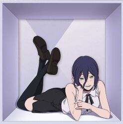  1girl black_skirt black_socks blush box chainsaw_man collared_shirt green_eyes hair_between_eyes hand_in_own_hair head_rest in_box in_container kneehighs legs_up looking_at_viewer lower_teeth_only lying mccheese on_stomach purple_hair reze_(chainsaw_man) shirt shoes skirt sleeveless sleeveless_shirt smile socks teeth tongue white_shirt 