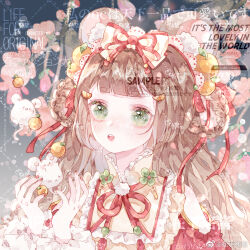  1girl aegyo_sal animal animal_ear_fluff animal_ears bare_shoulders bib_collar blue_sky blunt_bangs bow braid braided_hair_rings branch brooch brown_hair bud catching cherry_blossoms chinese_commentary clothing_cutout collared_shirt commentary_request contrast_collar eyelashes eyeshadow floral_background flower food food-themed_hair_ornament frilled_shirt_collar frilled_sleeves frills fruit gradient_sky green_eyes green_flower hair_bow hair_ornament hair_ribbon hair_rings hairclip high_collar jewelry light_blush light_particles lipstick long_hair long_sleeves maid_headdress makeup mandarin_orange mouse_(animal) mouse_ears mouse_girl nail_polish neck_ribbon night open_mouth orange_(fruit) orange_hair_ornament orange_slice original outdoors pink_eyeshadow pink_flower pink_lips pom_pom_(clothes) puffy_long_sleeves puffy_sleeves red_nails red_ribbon red_shirt ribbon sample_watermark shirt shoulder_cutout sky solo surprised tareme tassel tassel_hair_ornament teeth too_many_watermarks upper_body upper_teeth_only very_long_hair watermark watermark_grid wavy_hair weibo_watermark white_bow xujiang_bushi_fanpai 