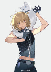  1boy absurdres animal animal_on_shoulder arms_up belt biting black_gloves black_pants blonde_hair blue_eyes cat cat_on_shoulder chinese_commentary clenched_teeth commentary_request cowboy_shot death_note gloves grey_background hands_up highres injury male_focus mello_(death_note) nomi_tongxue pants scar short_hair simple_background sleeveless solo teeth weibo_username 
