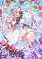  1girl :d bird bird_on_hand black_nails blue_eyes blue_sky boots breasts brown_hair castle commentary company_name copyright_name copyright_notice day dress falling_petals feathers flower hair_ornament hairband highres knee_boots lace-up_boots long_sleeves looking_at_viewer maid_headdress mogayama multicolored_hair nail_polish neck_ribbon off-shoulder_dress off_shoulder official_alternate_costume official_art on_swing outdoors petals pink_flower pink_hair pink_nails pink_ribbon pink_rose red_flower red_rose ribbon rose sitting sky smile solo split-color_hair star_(symbol) star_hair_ornament stuffed_animal stuffed_rabbit stuffed_toy swing tachibana_hinano thigh_strap two-tone_hair virtual_youtuber vspo! white_bird white_boots white_dress white_hairband xross_stars 