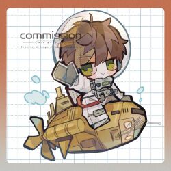  1boy ahoge blush_stickers brown_hair bubble chibi chibi_only closed_mouth commentary_request commission dot_nose double-parted_bangs fishbowl_helmet full_body green_eyes grid_background hair_between_eyes helmet jumpsuit long_sleeves looking_at_viewer male_focus mid_(doa_3d) original outstretched_arms short_hair sitting smile solo submarine watercraft watermark white_background 
