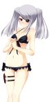  blush clenched_teeth embarrassed eyepatch flat_chest frilled_bikini frills front-tie_top hands_clasped highres infinite_stratos laura_bodewig long_hair lowleg lowleg_bikini mound_of_venus navel red_eyes rikudou_inuhiko silver_hair simple_background solo standing swimsuit thigh_strap twintails 