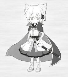  1girl cape closed_mouth commentary_request dress earmuffs full_body gomashio_(goma_feet) greyscale hair_between_eyes looking_at_viewer monochrome pointy_hair ritual_baton sandals short_hair smile solo standing touhou toyosatomimi_no_miko 