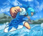  blue_eyes blue_hair bow cirno clenched_hands dress fist foreshortening hands motion_blur punching solo space_jin spacezin touhou water 