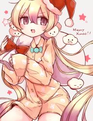  1girl animal_print bag blonde_hair blush bow butter_run grey_eyes hat highres holding holding_bag long_hair magical_girl mahou_shoujo_ikusei_keikaku mahou_shoujo_ikusei_keikaku_unmarked merry_christmas multicolored_hair nemurin open_mouth pajamas purple_hair rabbit_print red_bow santa_hat smile very_long_hair 