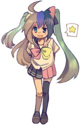 1girl ahoge asymmetrical_eyes bow bowtie chimerism full_body fusion futaba_channel heterochromia malan moetron multicolored_bow multicolored_bowtie shirt single_animal_ear solo split-color_clothes spoken_star star_(symbol) twintails two-tone_bow two-tone_bowtie two-tone_sailor_collar walk_cycle white_shirt yellow_bow yellow_bowtie 