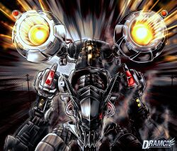  absurdres cannon commentary_request digimon digimon_(creature) dramonbt energy_cannon firing firing_at_viewer glowing glowing_eye highres mecha mugendramon no_humans non-humanoid_robot outdoors power_lines powering_up red_eyes robot robot_dragon shoulder_cannon signature utility_pole weapon 