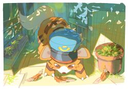 feathers flower_pot growlithe hat highres no_humans orange_fur outdoors pokemon pokemon_(creature) pokemon_focus police_hat seta629211 solo 
