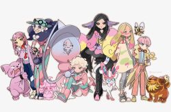  2boys 4girls alcremie alcremie_(ruby_cream) alcremie_(strawberry_sweet) bede_(pokemon) black_hair boots brown_eyes closed_mouth coat collared_shirt dachsbun dress eneko_(olavcnkrpucl16a) facepaint fairy_type_theme_(pokemon) frilled_thigh_strap gloves granbull green_hat hair_ornament hairclip hand_on_own_chin hat hatterene highres holding lacey_(pokemon) leggings long_hair looking_at_viewer mina_(pokemon) multicolored_hair multiple_boys multiple_girls opal_(pokemon) open_clothes open_coat ortega_(pokemon) outline pants parted_bangs partially_fingerless_gloves pink_hair pokemon pokemon_(creature) pokemon_scarlet_and_violet pokemon_sun_and_moon pokemon_sword_and_shield pokemon_x_and_y red_gloves revision ribombee shirt shoes shorts single_glove sitting standing stroking_own_chin sylveon thigh_strap two-tone_hair valerie_(pokemon) 