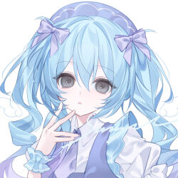  1girl :o black_eyes blue_hair blue_wrist_cuffs bow collared_shirt commission double-parted_bangs drawn_wings frilled_vest frilled_wrist_cuffs frills hair_between_eyes hair_bow hair_intakes hand_on_own_cheek hand_on_own_face hand_up hat highres long_hair looking_at_viewer mihuashi_commission muyang_de_duya necktie original parted_lips portrait puffy_short_sleeves puffy_sleeves purple_bow purple_hat purple_necktie purple_vest sample_watermark shirt short_sleeves simple_background solo twintails vest watermark white_background white_shirt wrist_cuffs 