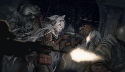  2girls 4others aiming altyn_helmet animal_ears backpack bag black_hairband black_pants blurry brown_gloves brown_jacket callsign:_cedar combat_helmet commentary dark depth_of_field dutch_angle ear_protection elena_(callsign:_cedar) english_commentary eye_trail firing gas_mask gloves grey_bag hairband helmet highres jacket kalashnikov_rifle light_trail long_sleeves mask mia_(callsign:_cedar) military military_combat_uniform military_uniform multiple_girls multiple_others muzzle_flash official_art open_mouth pants red_eyes sawkm second-party_source weapon_request white_hair yellow_eyes 