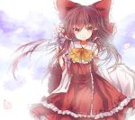  bad_id bow brown_eyes brown_hair detached_sleeves flower hair_bow hakurei_reimu light long_hair miko miya_(tsumazukanai) petals smile solo touhou 