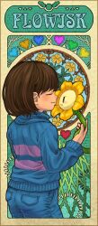  1boy 1other amber_graygamma androgynous annoyed blue_shorts blue_soul_(utdr) blue_sweater blush brick_wall brown_hair card_(medium) closed_eyes closed_mouth commentary_request cowboy_shot cyan_soul_(utdr) english_commentary facing_another flower flowey_(undertale) frisk_(undertale) from_side green_soul_(utdr) hand_up heart holding holding_plant looking_at_another mixed-language_commentary orange_soul_(utdr) pairing_name plant purple_soul_(utdr) red_soul_(utdr) sentient_plant short_hair shorts solid_oval_eyes soul_(utdr) striped_clothes striped_sweater sweater tarot tarot_(medium) thorns tsundere two-tone_sweater undertale utdr_(toby_fox) v-shaped_eyebrows vines yellow_flower yellow_soul_(utdr) 