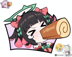  >_< <|>_<|> 2girls arm_warmers artist_name bare_shoulders black_arm_warmers black_hair blue_archive bow cake chibi colored_inner_hair commentary crying_emoji derivative_work emoji english_commentary food food_in_mouth green_bow green_halo hair_bow halo highres holding holding_sign meme mika_swiss_roll_(meme) multicolored_hair multiple_girls nangong_yu pink_hair reference_inset romel_2005 sign simple_background sunna_(zenless_zone_zero) swiss_roll tearing_up twintails twitter_username twitter_x_logo upper_body white_background zenless_zone_zero 
