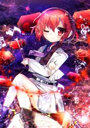  1girl absurdres belt boots chisen_maimai commentary_request crossed_arms drum drumsticks highres holding holding_drumsticks horikawa_raiko instrument jacket lightning musical_note necktie one_eye_closed red_eyes red_hair short_hair side_slit sitting_on_drum skirt smile solo touhou white_jacket white_skirt 