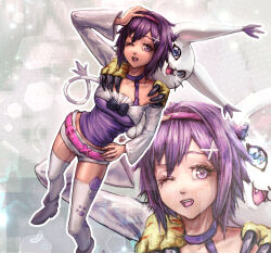  1girl animal_hands cat cat_paws close-up digimon digimon_(creature) digimon_world_-next_0rder- dress jackiecoco leggings oofuchi_himari purple_dress purple_hair tailmon violet_eyes 