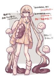  >_< 1girl absurdly_long_hair animal_print blonde_hair brown_hair butter_run cloud_print commentary_request grey_eyes hair_ornament highres holding holding_pillow long_hair magical_girl mahou_shoujo_ikusei_keikaku mahou_shoujo_ikusei_keikaku_unmarked multicolored_hair nemurin pajamas pillow rabbit_print smile translation_request very_long_hair 