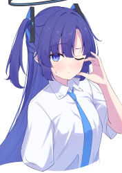  1girl absurdres aot. blue_archive blue_necktie bow bowtie collared_shirt cropped_torso dot_nose hair_between_eyes hair_ornament half-heart_hands halo highres long_hair long_sleeves looking_at_viewer mechanical_halo necktie one_eye_closed purple_hair shirt simple_background solo sweatdrop triangle triangle_hair_ornament twintails two_side_up upper_body white_background white_shirt yuuka_(blue_archive) 