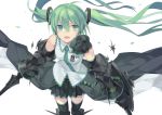  2no armor black_legwear breasts detached_sleeves from_above gauntlets greaves green_eyes green_hair hatsune_miku medal medium_breasts necktie open_mouth pleated_skirt shield skirt solo sword tattoo thigh-highs thighhighs twintails vocalic vocaloid weapon 