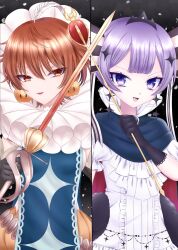  2girls brown_hair commentary_request earrings gohan_004 hair_ornament highres holding holding_scepter holding_sword holding_weapon jewelry magical_girl mahou_shoujo_ikusei_keikaku mahou_shoujo_ikusei_keikaku_limited mahou_shoujo_ikusei_keikaku_unmarked multiple_girls pukin purple_hair rapier red_eyes ruler_(mahoiku) scepter short_hair smile star_(symbol) star_hair_ornament sword violet_eyes weapon 