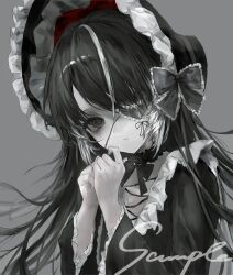  1girl absurdres black_bonnet black_bow black_choker black_eyes black_hair black_ribbon black_shirt bonnet bow choker commission danse233 eyepatch frilled_bonnet frilled_bow frilled_choker frilled_eyepatch frilled_shirt frills gothic_lolita grey_background hair_between_eyes hands_up heart heart_eyepatch highres lolita_fashion long_hair long_sleeves looking_at_viewer mihuashi_commission multicolored_hair one_eye_covered original own_hands_together parted_lips red_bow ribbon sample_watermark shirt solo streaked_hair swept_bangs upper_body watermark white_streaks 