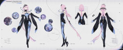  1girl absurdres asymmetrical_clothes bare_back bare_shoulders black_boots blue_eyes boots braid braided_ponytail chinese_commentary commentary copyright_name detached_sleeves grey_background hair_wings high_heels highres incredibly_absurdres ishmael:_parhelion_(pgr) ishmael_(pgr) long_hair low_ponytail multiple_views pink_hair ponytail punishing:_gray_raven reference_sheet ringed_eyes see-through_body shoulder_blades single_pantsleg tk_production typo very_long_hair watermark weibo_username weibo_watermark 