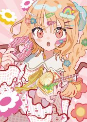  1girl absurdres alternate_costume alternate_hairstyle bandaid bandaid_on_face blonde_hair blush braid cherry_print collared_shirt commentary_request cup doughnut drinking drinking_glass drinking_straw flandre_scarlet flower food food_print fruit_print hair_flower hair_ornament hair_scrunchie hairclip highres holding holding_cup holding_donut holding_food long_hair long_sleeves looking_at_viewer neck_ribbon open_mouth pink_background pink_nails print_shirt rainbow_hair_ornament red_eyes ribbon scrunchie shirt solo striped_clothes striped_shirt tamagogayu1998 touhou white_shirt wings yellow_ribbon 