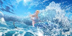  1girl ahoge blonde_hair blue_sky brown_sailor_collar clouds coat coat_dress commentary_request dress falling_feathers feathers frilled_coat frills hair_ribbon highres hololive hololive_dev_is long_hair long_sleeves ocean official_art one_side_up otonose_kanade otonose_kanade_(1st_costume) outdoors piano_print red_ribbon ribbon sailor_collar sky solo thigh_strap tngn96 virtual_youtuber wading waves white_coat 