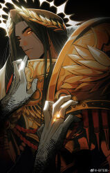  1boy absurdres armor bite_yaogege black_hair chinese_commentary commentary_request dark-skinned_male dark_skin emperor_of_mankind glowing glowing_eye gold_armor highres laurel_crown looking_at_viewer male_focus pauldrons pov pov_hands power_armor shoulder_armor sideways_glance solo_focus warhammer_40k watermark weibo_username weibo_watermark yellow_eyes 