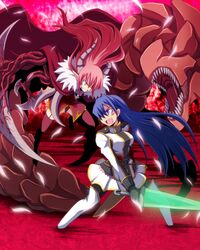  blue_eyes demon_girl fighting fighting_stance highres horns multiple_girls n_(ruff) pixiv_fantasia pixiv_fantasia_5 red_hair redhead scar sword weapon yellow_eyes 