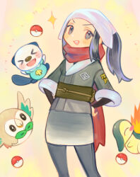  >_< 1girl :d absurdres akari_(pokemon) bird black_hair black_leggings blue_kimono blush blush_stickers commentary cowboy_shot cyndaquil fang galaxy_team_survey_corps_uniform grey_eyes grey_kimono hands_on_own_hips head_tilt headscarf highres japanese_clothes kaeh_12 kimono korean_commentary leggings looking_at_viewer medium_hair obi open_mouth oshawott owl poke_ball pokemon pokemon_(creature) pokemon_legends:_arceus ponytail red_scarf rowlet sash scarf smile sparkle teeth undershirt upper_teeth_only v-shaped_eyebrows white_headscarf yellow_background 