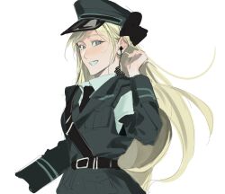  1girl alternate_costume armband belt_buckle black_beat black_bow black_necktie blonde_hair bow buckle chest_belt coat collared_coat collared_shirt commentary_request cowboy_shot danganronpa_(series) danganronpa_2:_goodbye_despair earpiece eyelashes green_eyes grey_coat grey_hat grin hand_on_own_ear happy hat hat_bow highres korean_commentary lapels light_blush long_hair long_sleeves looking_at_another military_hat military_uniform necktie notched_lapels peaked_cap saman_zero7 shirt simple_background sketch sleeve_cuffs smile solo sonia_nevermind standing very_long_hair white_armband white_background white_shirt 