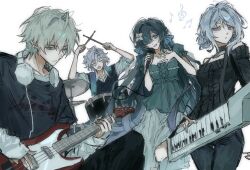  2boys 2girls ahoge alternate_costume alternate_universe alyosha_(genshin_impact) arms_up bare_shoulders bass_guitar black_choker black_pants black_shirt black_sweater_vest blue_hair blue_scarf blue_skirt breasts buttons cable choker closed_eyes closed_mouth collared_shirt commentary cowboy_shot crystal_earrings drum drum_set drumsticks earrings english_commentary fins flower frills genshin_impact green_eyes green_hair green_shirt hair_between_eyes hair_bun hair_flower hair_ornament hair_over_one_eye head_fins headphones headphones_around_neck highres holding holding_drumsticks holding_instrument holding_microphone instrument jewelry keytar layered_sleeves long_hair long_skirt long_sleeves looking_at_viewer medium_breasts microphone mitya_(genshin_impact) multicolored_hair multiple_boys multiple_girls musical_note odette_(genshin_impact) off-shoulder_shirt off_shoulder open_mouth pants playing_bass_guitar playing_instrument puffy_long_sleeves puffy_short_sleeves puffy_sleeves scarf shirt short_hair short_over_long_sleeves short_sleeves sidelocks simple_background singing single_earring sitting skirt smile standing streaked_hair sweater_vest t-shirt very_long_hair violet_eyes vodyanitsa_(genshin_impact) wavy_hair white_background white_flower white_hair white_shirt yellow_eyes yennielove 