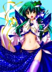  :d :p breasts detached_sleeves dress green_hair hair_ornament hair_ribbon hairpin happy japanese_clothes jewelry kochiya_sanae long_hair midriff miko mound_of_venus navel necklace no_bra no_panties open_mouth oushi payot ribbon smile snake solo thigh-highs thighhighs tongue touhou under_boob underboob white_legwear yellow_eyes 
