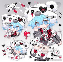  1girl :3 bear_hat black_shorts blue_eyes blue_hair blush_stickers boots bu_zhenshi_ban_jiajiajiu chibi chibi_only closed_mouth commission crossed_bangs double-parted_bangs full_body gradient_background grey_background grey_sweater hair_between_eyes hat heart highres jacket layered_sleeves long_sleeves mihuashi_commission mihuashi_username multiple_views open_clothes open_jacket open_mouth original outline sample_watermark short_hair short_over_long_sleeves short_sleeves shorts smile standing standing_on_one_leg stuffed_animal stuffed_toy sweater teddy_bear watermark white_boots white_hat white_jacket white_outline 