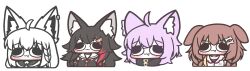  4girls absurdres animal_ear_fluff animal_ears black_hair black_hood brown_hair cat_ears cat_girl chibi commentary_request dog_ears dog_girl fox_ears fox_girl highres hololive hololive_gamers inugami_korone inugami_korone_(1st_costume) japanese_clothes korean_commentary long_hair miyaoo1224 multiple_girls necktie nekomata_okayu nekomata_okayu_(1st_costume) ookami_mio ookami_mio_(1st_costume) red_necktie shirakami_fubuki shirakami_fubuki_(1st_costume) simple_background virtual_youtuber white_background wolf_ears wolf_girl 