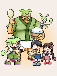  2boys 2girls :t absurdres bamboo_steamer black_hair blue_shorts bow braid brown_hair closed_eyes commentary_request creature eating facial_hair food fu_manchu_(mustache) fundoshi green_hair green_kimono green_shoes green_shorts highres holding holding_bamboo_steamer japanese_clothes kimono long_hair long_mustache long_sleeves low_ponytail madotsuki multiple_boys multiple_girls mustache onigiri open_mouth pink_bow pink_shirt pink_skirt ponytail puffy_short_sleeves puffy_sleeves red_shoes rice shamoji shirt shoes short_sleeves shorts skirt suspenders twin_braids user_fdwx3885 utau voiceroid voicevox white_shirt yume_nikki zundadon zundamon zundamon_(utau) 