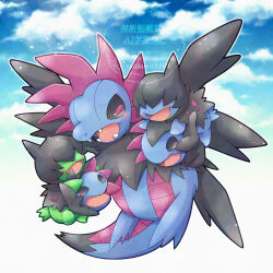  alternate_color black_sclera blue_sky clouds colored_sclera commentary_request deino_(pokemon) fangs flying highres hydreigon no_humans nostrils open_mouth outdoors pokemon pokemon_(creature) shiny_pokemon sky tsukasa_pika watermark 