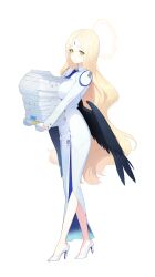  1girl absurdres ayumu_(blue_archive) black_wings blonde_hair blue_archive blue_necktie dress feathered_wings forehead_jewel full_body gloves green_eyes half_gloves halo high_heels highres holding holding_paper long_dress long_hair long_sleeves looking_at_viewer low_wings necktie official_art paper paper_stack parted_bangs shoes side_slit solo very_long_hair wavy_hair white_dress white_gloves white_shoes wings yellow_halo 