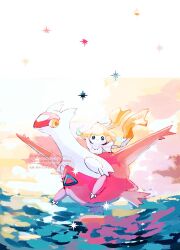  claws closed_mouth dragon flying highres jirachu latias no_humans outdoors pokemon pokemon_(creature) pokemon_focus riding riding_pokemon smile su_(sajo_su5) water yellow_eyes 