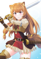  1girl absurdres alternate_breast_size_(smaller) animal_ear_fluff animal_ears armor atpoppet belt black_dress blue_background blunt_bangs blush boots breastplate breasts brown_armor brown_belt brown_boots brown_hair closed_mouth commentary cowboy_shot double-parted_bangs dress gauntlets gradient_background hair_between_eyes hair_tubes hands_up highres holding holding_sword holding_weapon leather leather_armor leather_boots long_hair looking_at_viewer metal_arm_cuffs metal_hair_tubes metal_wrist_cuffs neck_ribbon pink_eyes pinstripe_dress pinstripe_pattern raccoon_ears raccoon_girl raccoon_tail raphtalia red_dress red_ribbon ribbon scabbard sheath short_dress sleeveless sleeveless_dress small_breasts solo straight_hair sword tail tanuki tate_no_yuusha_no_nariagari thigh_boots two-tone_dress unsheathed v-shaped_eyebrows weapon white_background white_dress zettai_ryouiki 