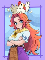  1girl absurdres animal_on_head belt bird blue_background blue_eyes border bowser breasts brown_belt character_brooch chicken closed_mouth commentary cowboy_shot crossed_arms cucco highres long_hair malon medium_breasts neckerchief on_head orange_hair outside_border pointy_ears purple_border purple_skirt shirt skirt smile sombrero_tiger super_mario_bros. the_legend_of_zelda the_legend_of_zelda:_ocarina_of_time triforce white_shirt yellow_neckerchief 
