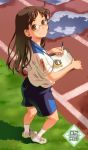  brown_hair chronometer clipboard face footwear glasses gym_uniform long_hair original pairan pen shorts smile socks solo stopwatch track_and_field watch 