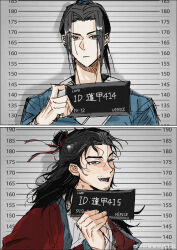  2boys absurdres all_wishes_come_true! barbie_mugshot_(meme) black_hair blue_hanfu blue_trim brown_eyes chinese_clothes chinese_commentary chinese_text closed_mouth coat facial_hair hair_bun hair_ribbon half_updo hanfu height_chart high_ponytail highres hishngynqngj1 holding holding_sign long_hair long_sleeves looking_at_viewer lv_dongbin_(all_wishes_come_true!) male_focus meme mugshot multiple_boys mustache_stubble one_eye_closed open_clothes open_coat open_mouth ponytail red_coat red_ribbon ribbon robe sidelocks sign single_hair_bun smile stubble upper_body watermark weibo_watermark white_hanfu zhongli_quan_(all_wishes_come_true!) 