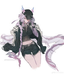  1girl absurdres adjusting_clothes adjusting_headwear alternate_costume arknights arm_support banban_(vvvviiiiiia) baseball_cap black_jacket black_shirt black_shorts braid braided_ponytail breasts chinese_commentary commentary_request crop_top cropped_legs cross-laced_clothes cross-laced_top dragon_girl dragon_horns dragon_tail eastern_dragon_horns eastern_dragon_tail hair_over_shoulder hat highres horns horns_through_headwear jacket jacket_on_shoulders jun_(arknights) large_breasts long_hair looking_at_viewer midriff navel official_artist_extra one_eye_covered pointy_ears purple_hair purple_hands shirt short_shorts shorts simple_background single_braid solo tail very_long_hair violet_eyes watermark weibo_username weibo_watermark white_background 
